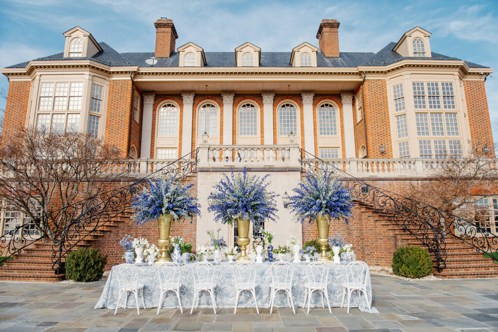 Featured in Issue 29, Styled Shoots Across America team create a romantic wedding editorial with blue hues at The Estate at River Run.