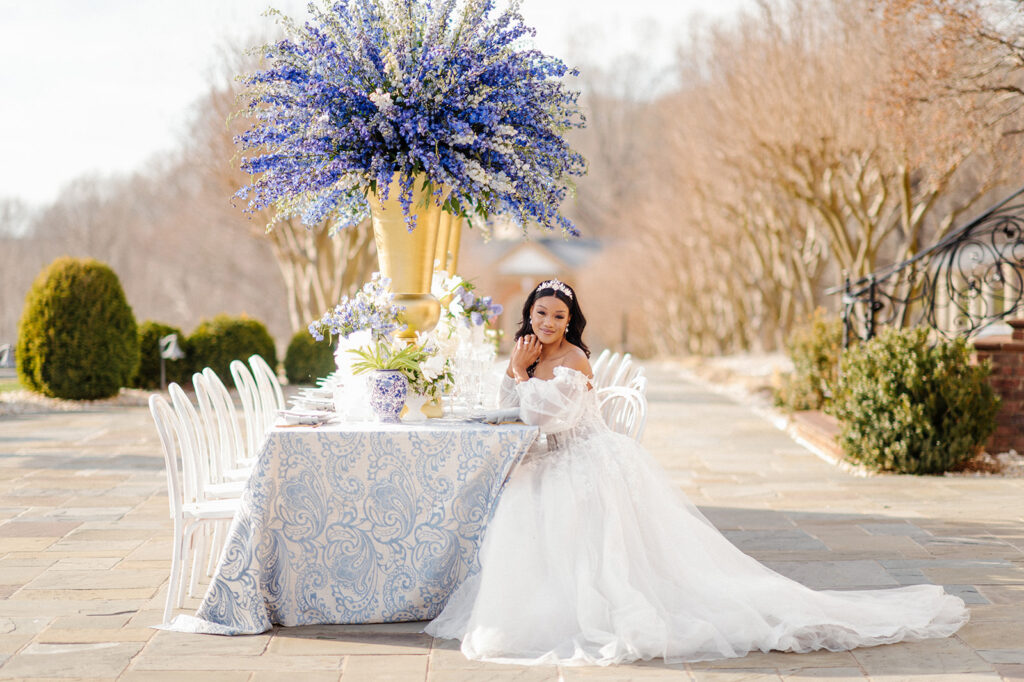 Featured in Issue 29, Styled Shoots Across America team create a romantic wedding editorial with blue hues at The Estate at River Run.