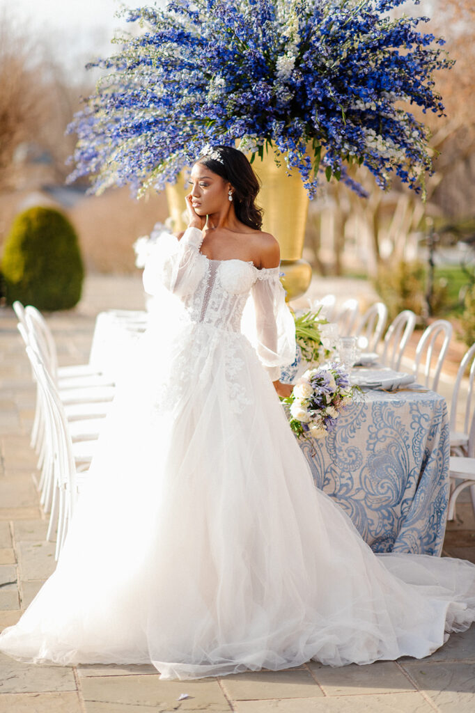 Featured in Issue 29, Styled Shoots Across America team create a romantic wedding editorial with blue hues at The Estate at River Run.