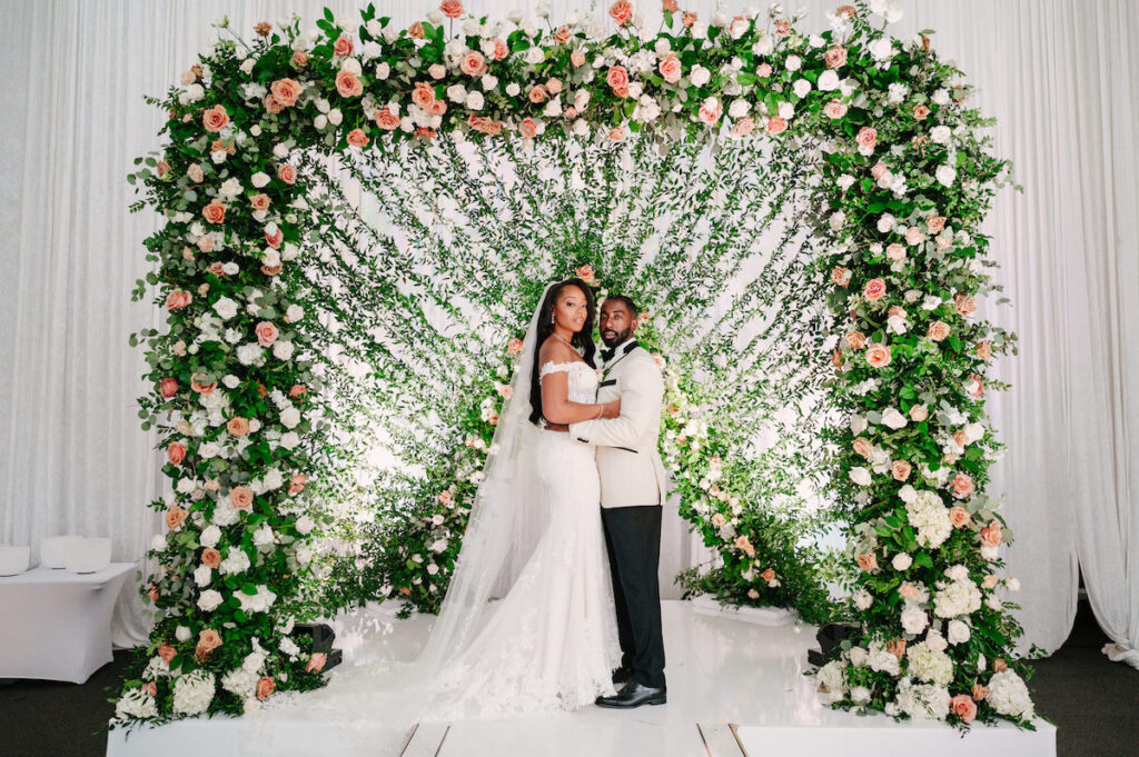 Luxe Basketball Court wedding includes contemporary designs, custom floral decor, and meaningful symbolism and numerology throughout.