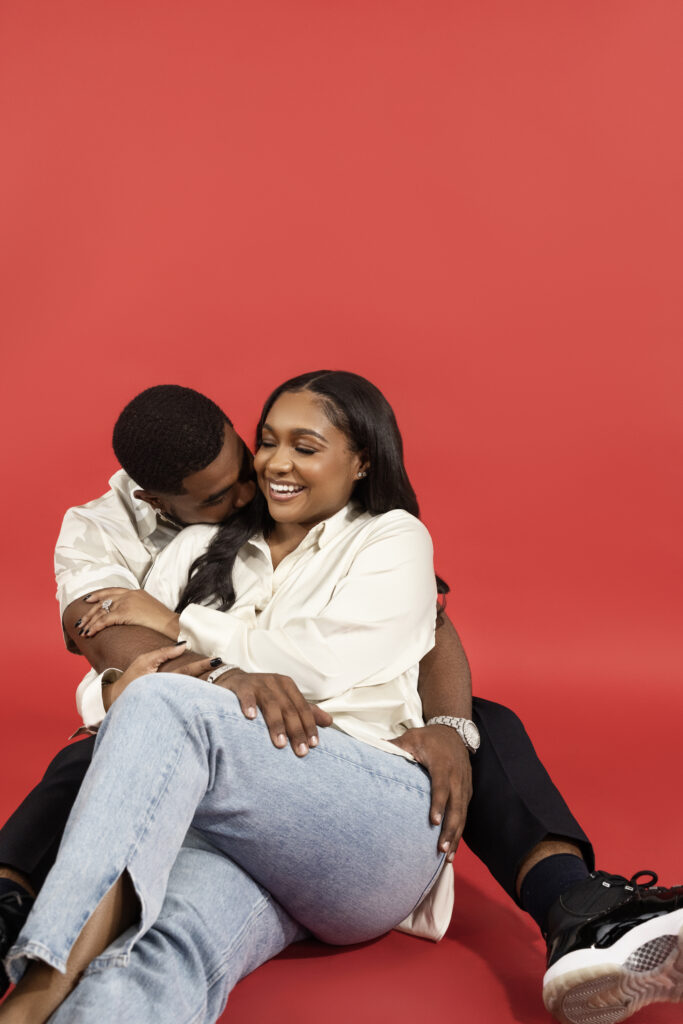 Jojo and Clyde's modern and sexy engagement shoot had a vintage vibe with a classic car and a laid-back in-studio portrait session that perfectly captured the fun-loving couple leading up to their summer wedding.