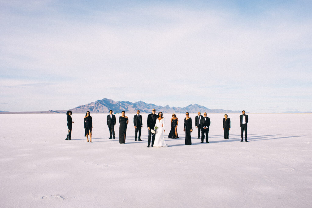 Ryan and Breanna's modern courthouse wedding had guests celebrating the stylish bride and groom on the salt flats of Utah.