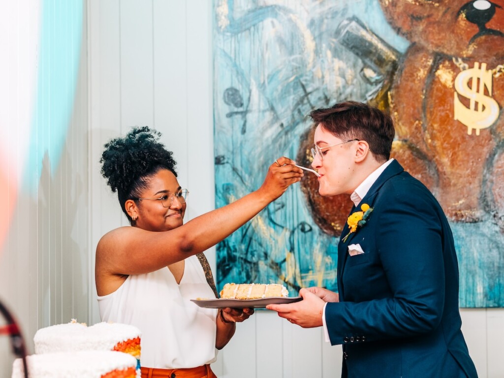 Sabina and Sabia celebrated their love as an LGBTQ+ couple in a colorful spring wedding with nostalgic retro charm throughout.
