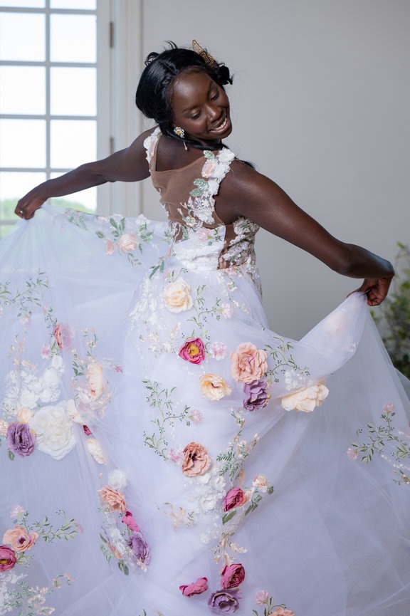 Muna Coterie gown designer and boutique owner Whitney Stephenson of Mahogany Brown Bridal invites you into a world of bridal elegance inspired by the regal grandeur of the Bridgerton era. 