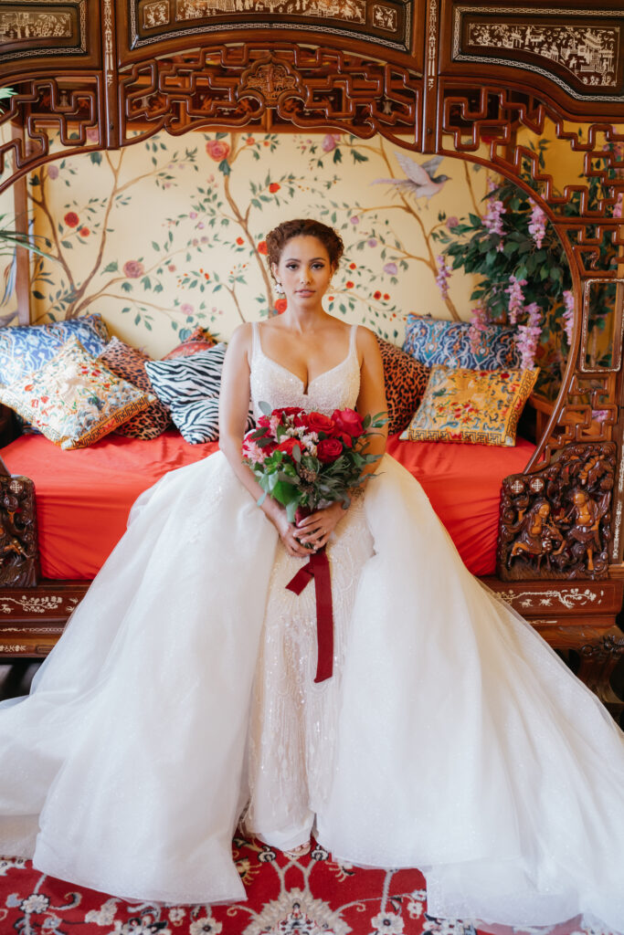 Victorian aesthetics, romantic decor, and deep-hued florals filled this luxurious wedding-styled shoot at Manoir Blackswan in Quebec.