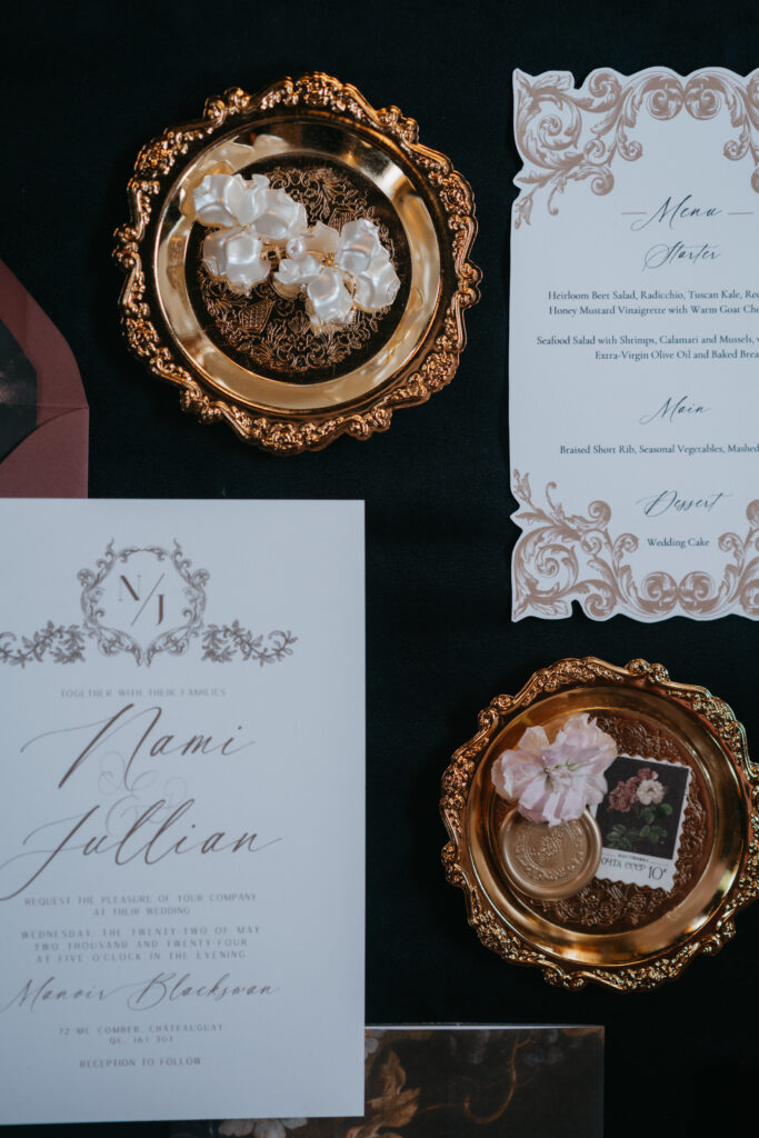 Victorian aesthetics, romantic decor, and deep-hued florals filled this luxurious wedding-styled shoot at Manoir Blackswan in Quebec.