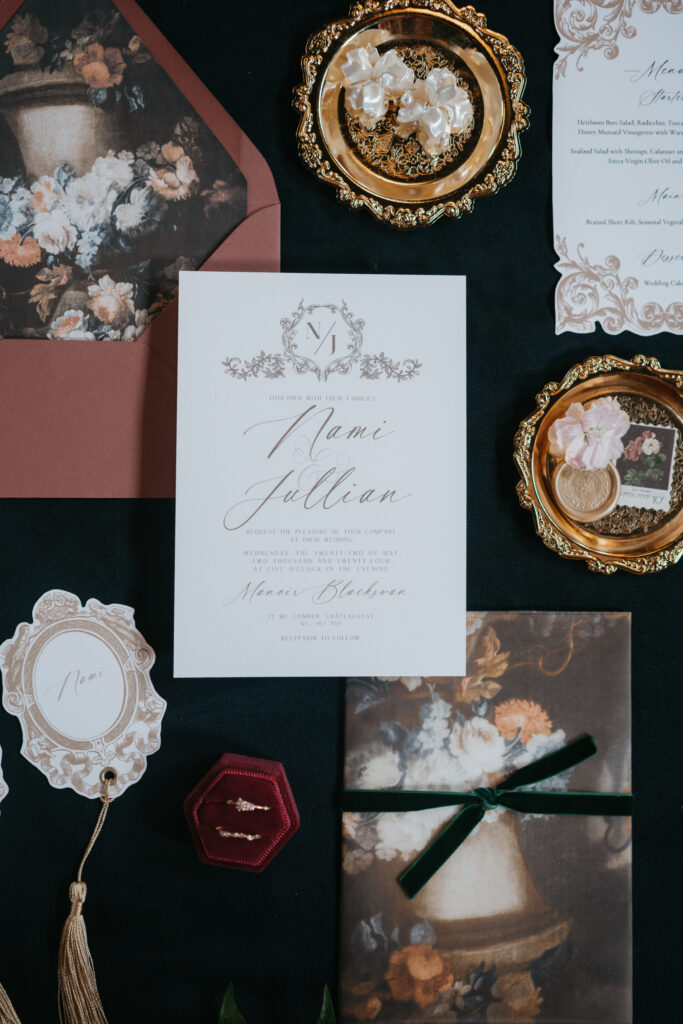 Victorian aesthetics, romantic decor, and deep-hued florals filled this luxurious wedding-styled shoot at Manoir Blackswan in Quebec.