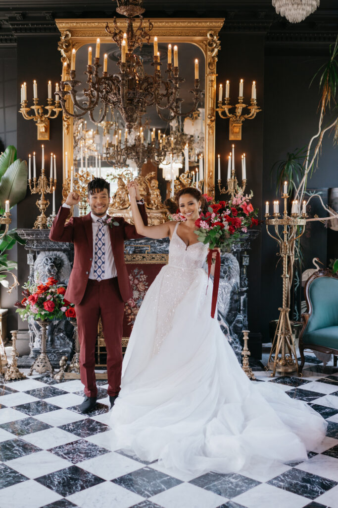 Victorian aesthetics, romantic decor, and deep-hued florals filled this luxurious wedding-styled shoot at Manoir Blackswan in Quebec.