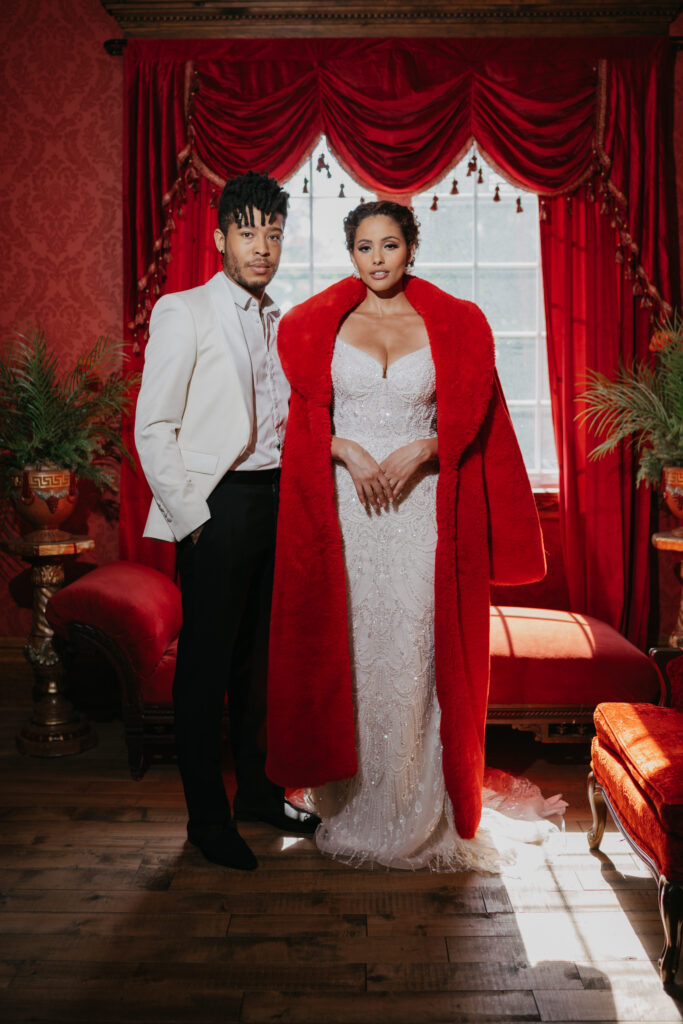Victorian aesthetics, romantic decor, and deep-hued florals filled this luxurious wedding-styled shoot at Manoir Blackswan in Quebec.